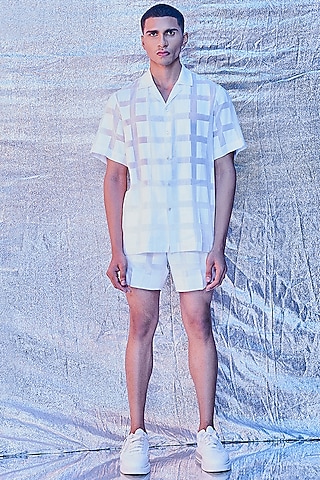 White Jacquard Cotton Shorts by Line Outline