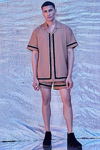 Beige Jacquard Cotton Shorts by Line Outline