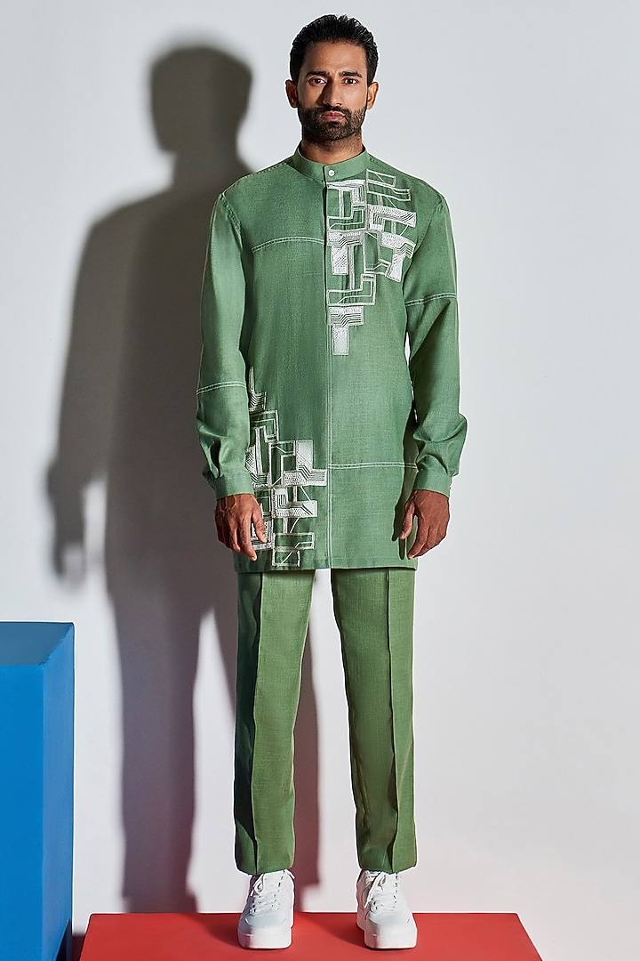 Sage Green Cotton Poly Embroidered Kurta by Line Outline at Pernia's Pop Up Shop