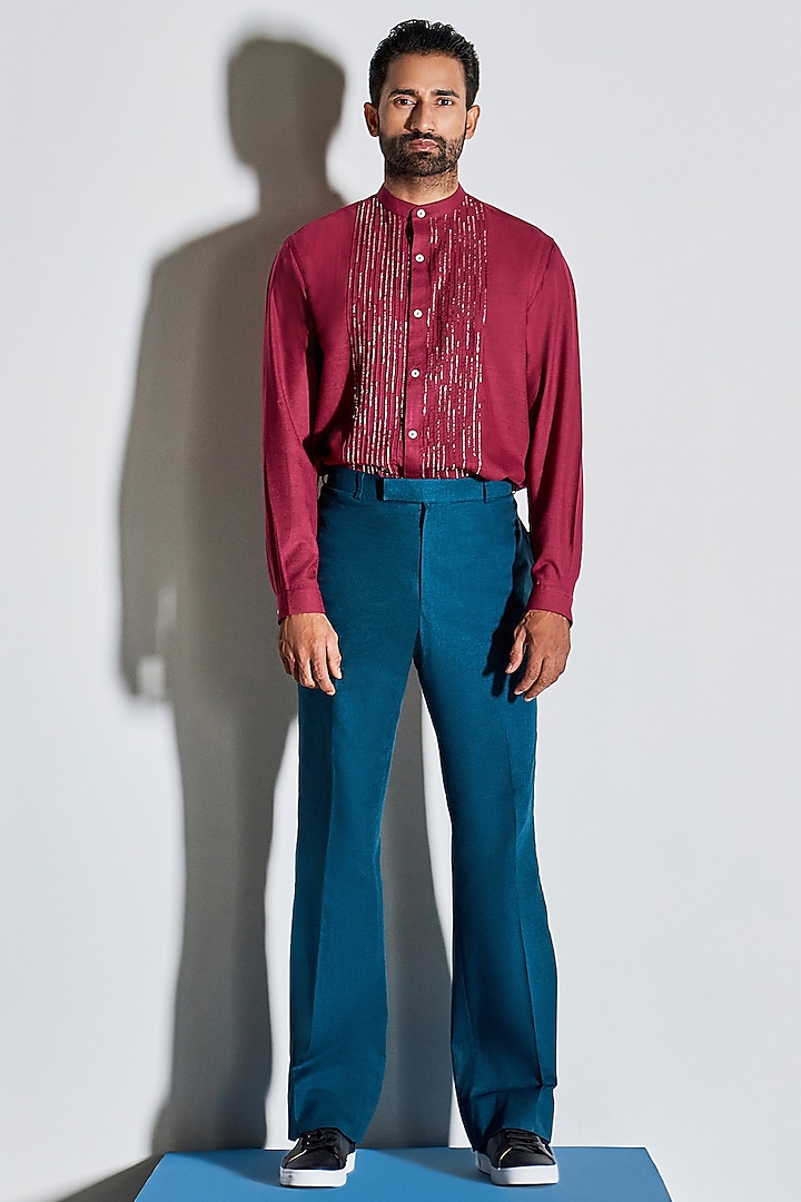 Maroon Hand Embroidered Shirt by Line Outline