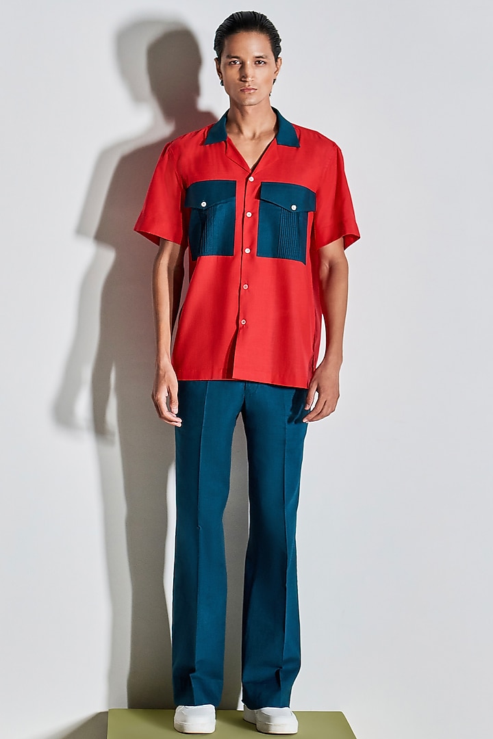 Red Cotton Poly Blend Shirt by Line Outline