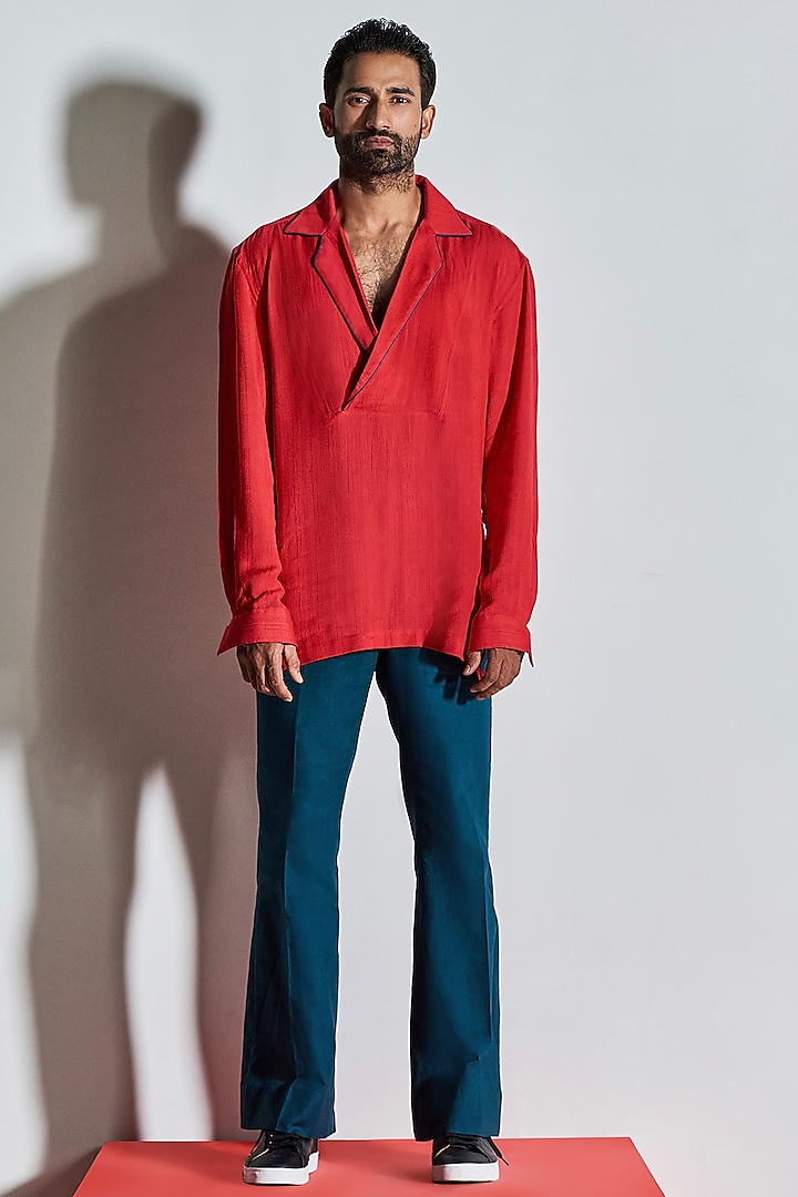 Red Cotton Linen Shirt With Open Collar by Line Outline