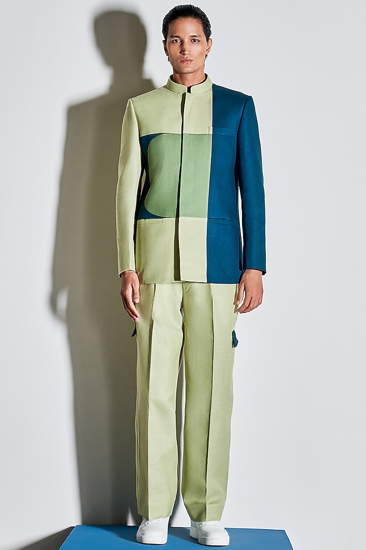 Light Sage Green Panelled Bandhgala Jacket by Line Outline