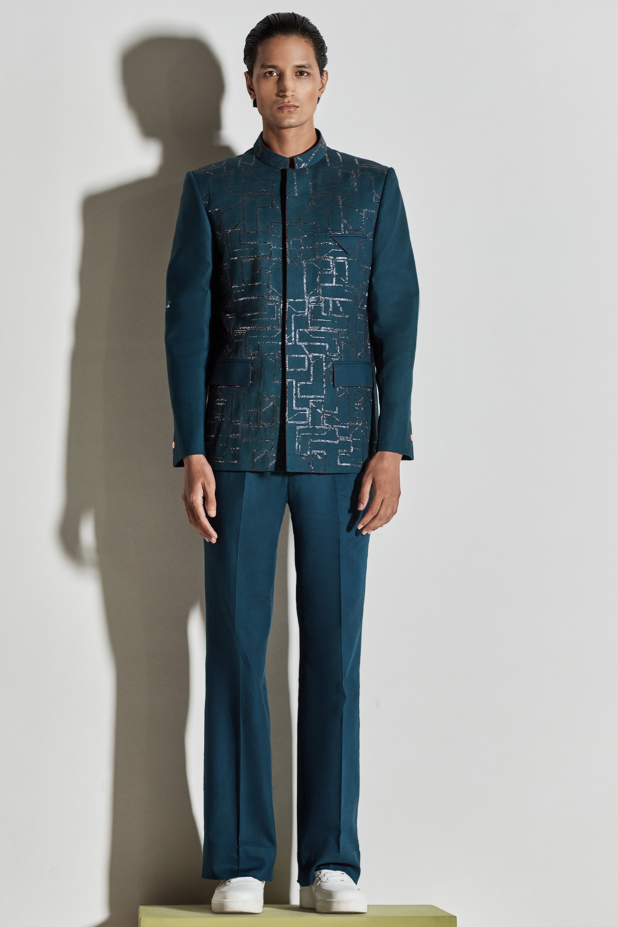 Blue Hand Embroidered Bandhgala Jacket by Line Outline