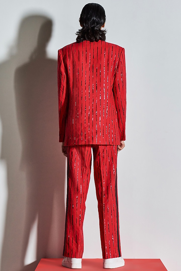 Red Cotton Poly Blend Hand Embroidered Tuxedo by Line Outline at Pernia's Pop Up Shop