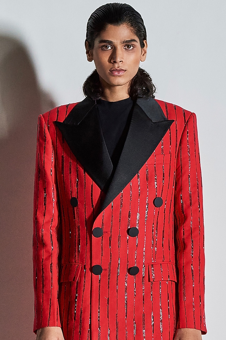 Red Cotton Poly Blend Hand Embroidered Tuxedo by Line Outline at Pernia's Pop Up Shop