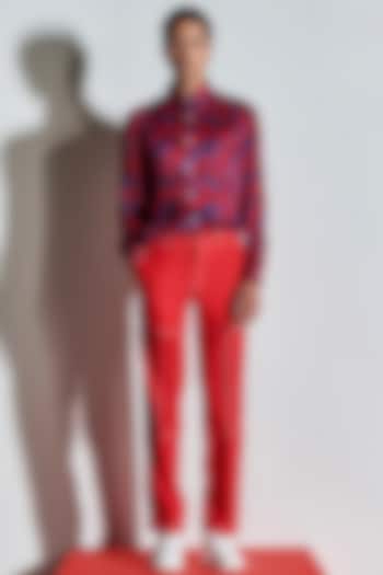 Hot Red Cotton Slim-Fit Pants by Line Outline