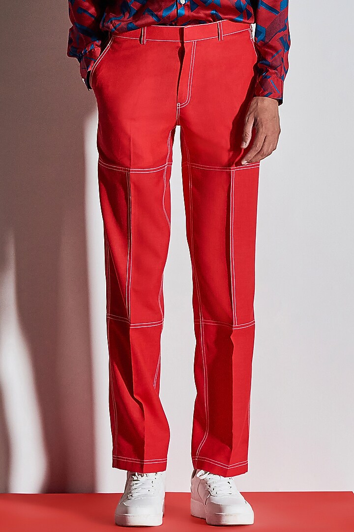 Hot Red Cotton Slim-Fit Pants by Line Outline at Pernia's Pop Up Shop