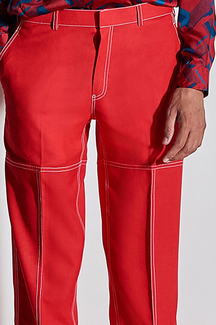 Hot Red Cotton Slim-Fit Pants by Line Outline at Pernia's Pop Up Shop