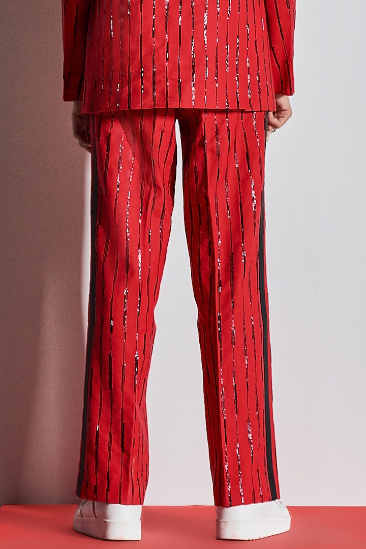 Red Cotton Poly Blend Hand Embroidered Straight Pants by Line Outline at Pernia's Pop Up Shop