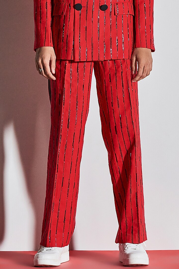 Red Cotton Poly Blend Hand Embroidered Straight Pants by Line Outline at Pernia's Pop Up Shop