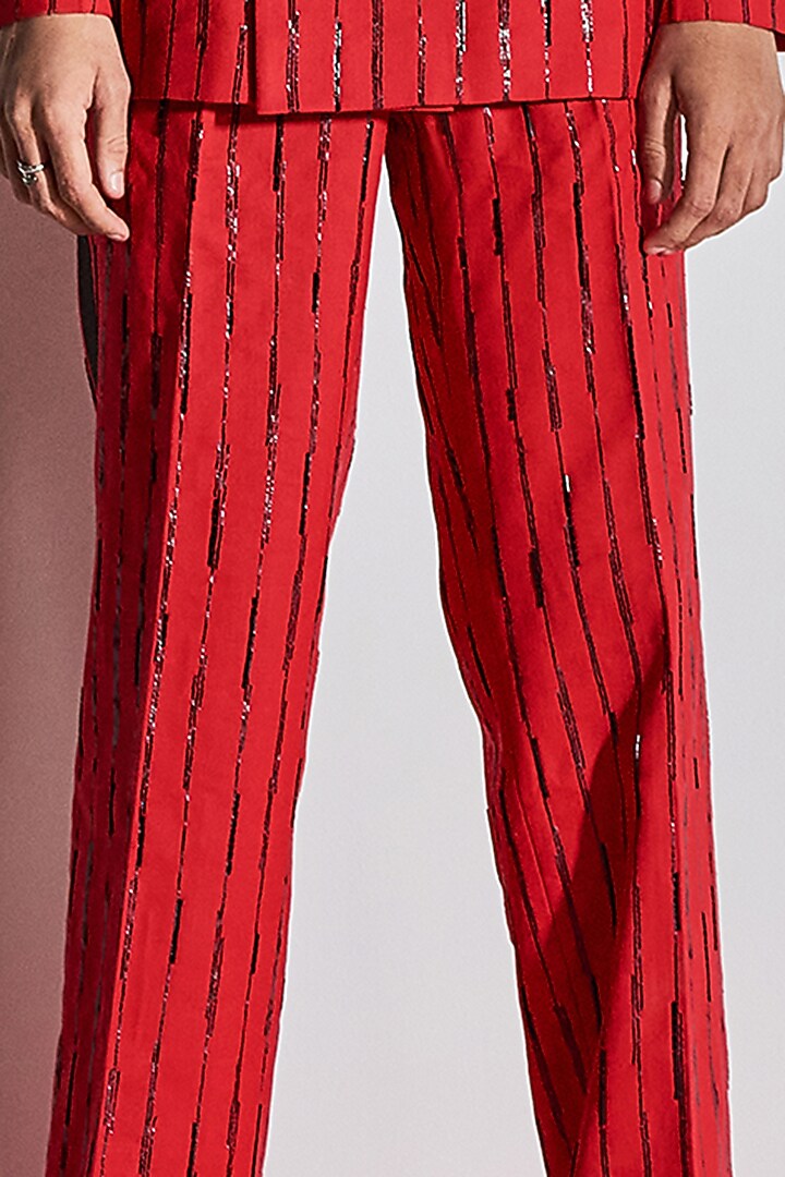 Red Cotton Poly Blend Hand Embroidered Straight Pants by Line Outline at Pernia's Pop Up Shop