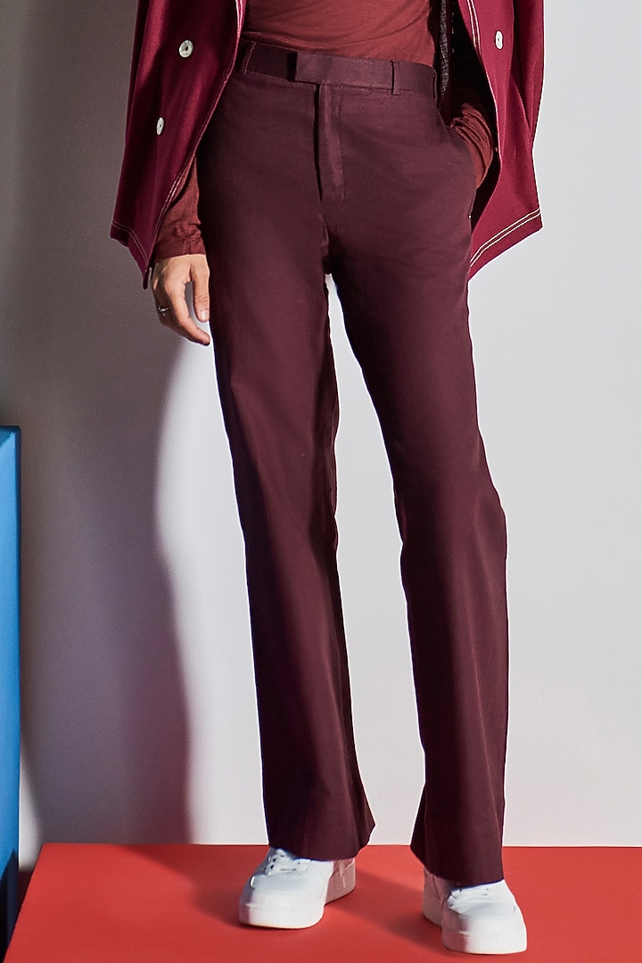Wine Cotton Linen Bell Bottom Pants by Line Outline at Pernia's Pop Up Shop