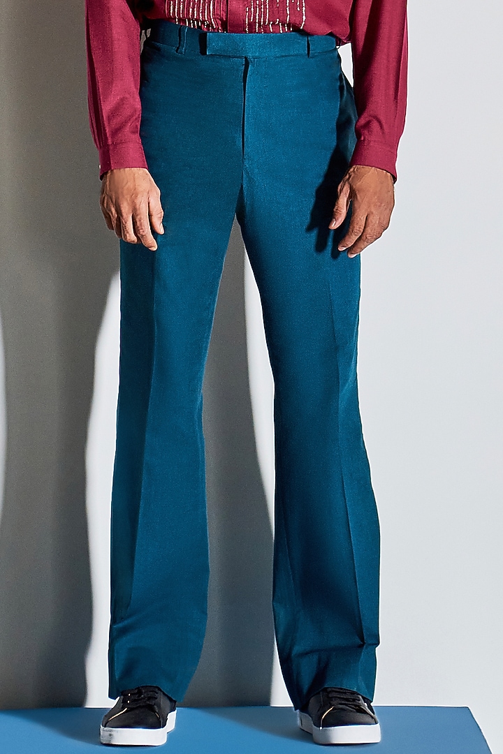 Teal Blue Cotton Linen Bell Bottom Pants by Line Outline at Pernia's Pop Up Shop
