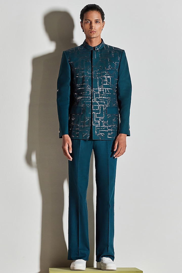 Teal Blue Cotton Linen Bandhgala Jacket Set by Line Outline