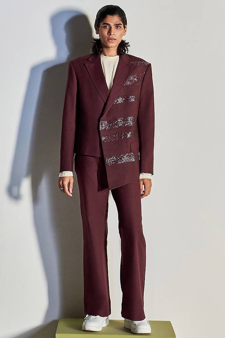 Wine Hand Embroidered Blazer Set by Line Outline