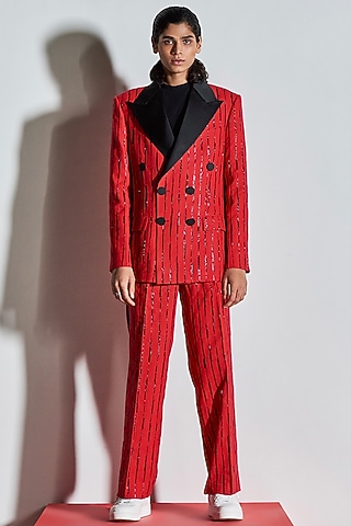 Red Cotton Poly Blend & Bemberg Silk Hand Embroidered Tuxedo Set by Line Outline