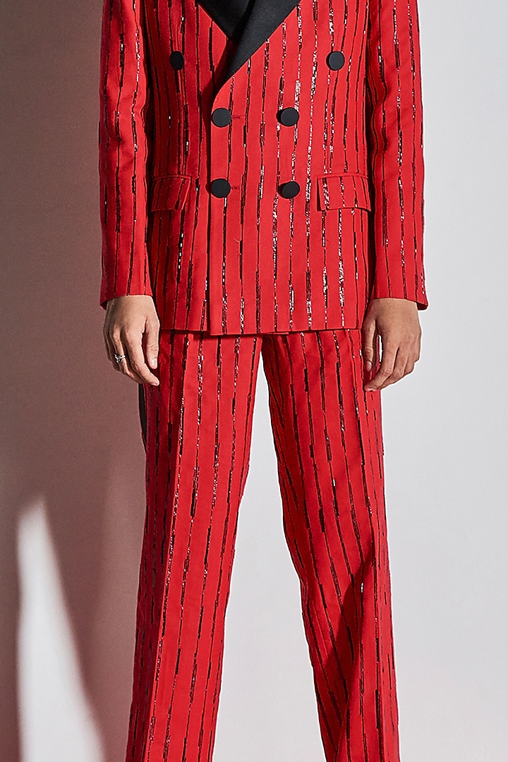 Red Cotton Poly Blend & Bemberg Silk Hand Embroidered Tuxedo Set by Line Outline at Pernia's Pop Up Shop