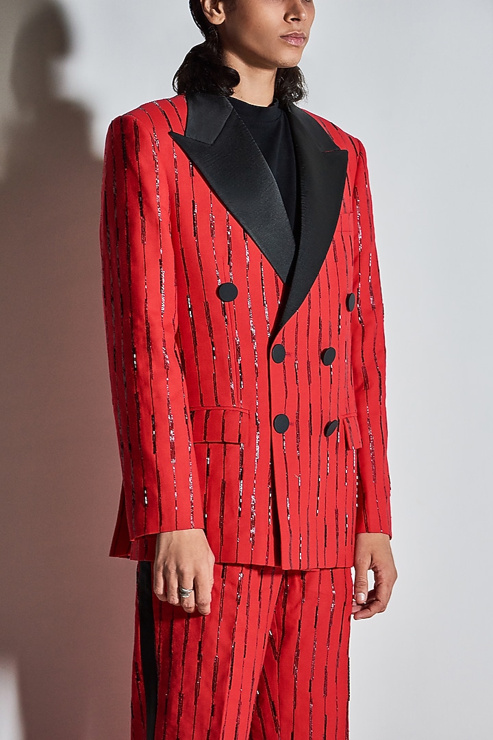 Red Cotton Poly Blend & Bemberg Silk Hand Embroidered Tuxedo Set by Line Outline at Pernia's Pop Up Shop