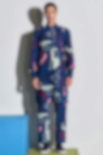 Navy Blue Printed Pant Set by Line Outline at Pernia's Pop Up Shop