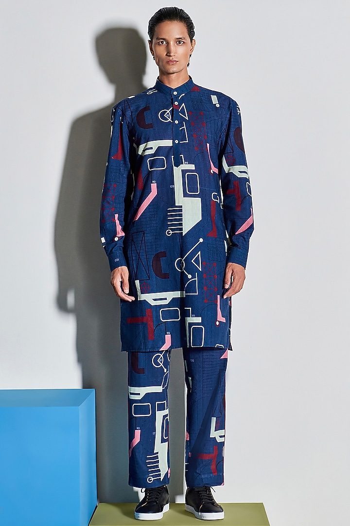 Navy Blue Printed Pant Set by Line Outline at Pernia's Pop Up Shop