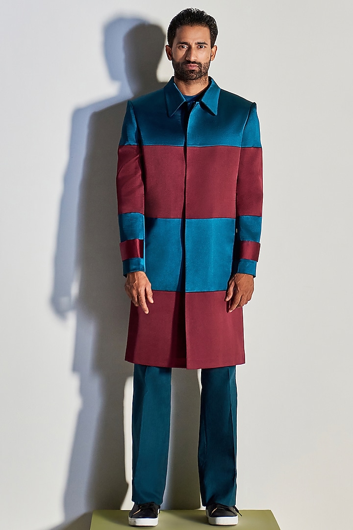 Wine & Teal Blue Panelled Trench Coat by Line Outline