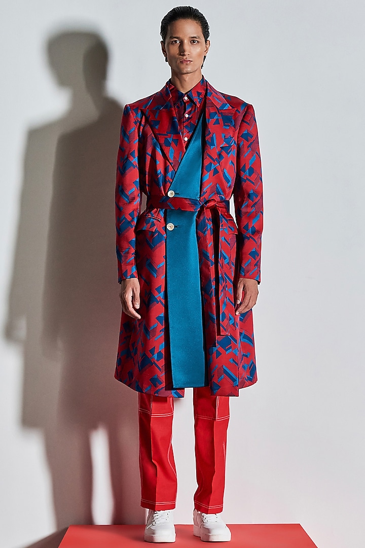 Red Bemberg Silk Printed Trench Coat by Line Outline