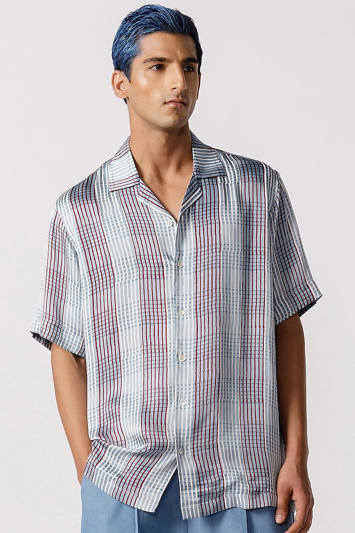 Blue Bamboo Silk Check Printed Shirt by Line Outline at Pernia's Pop Up Shop