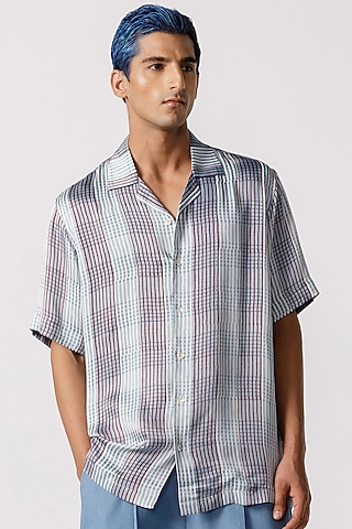 Blue Bamboo Silk Check Printed Shirt by Line Outline