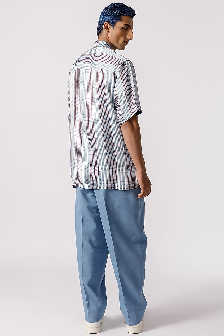 Blue Bamboo Silk Check Printed Party Wear Shirt by Line Outline at Pernia's Pop Up Shop