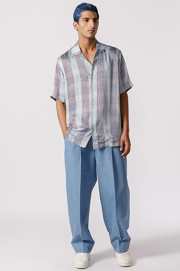 Blue Bamboo Silk Check Printed Party Wear Shirt by Line Outline at Pernia's Pop Up Shop