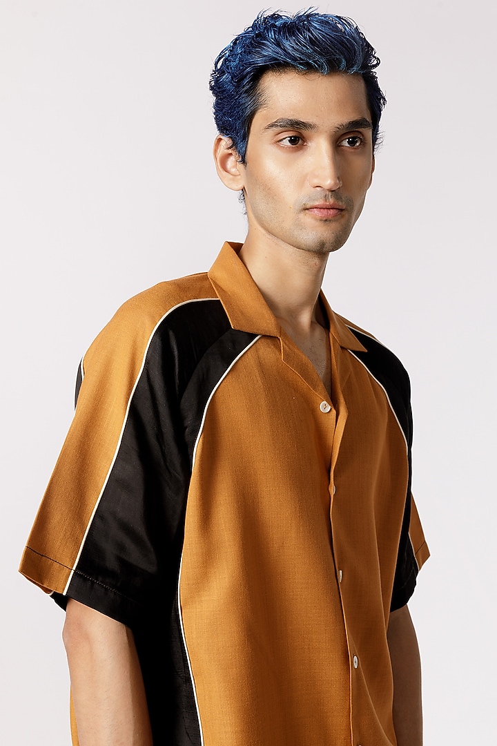 Mustard & Black Cotton Party Wear Shirt by Line Outline at Pernia's Pop Up Shop