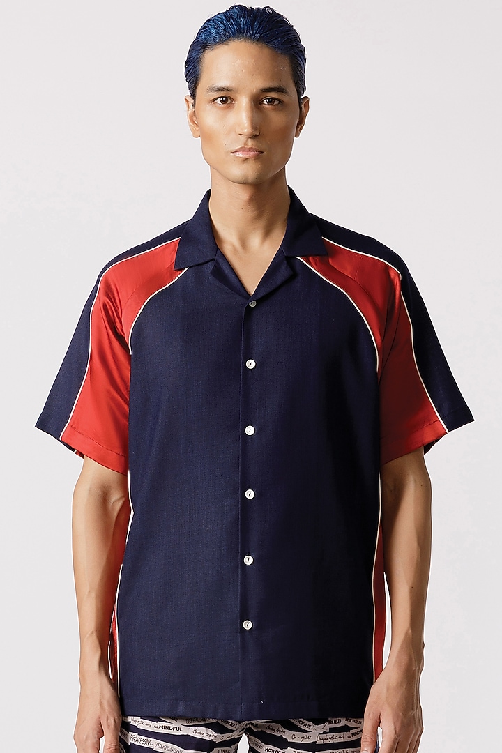 Navy Blue & Red Cotton Party Wear Shirt by Line Outline at Pernia's Pop Up Shop