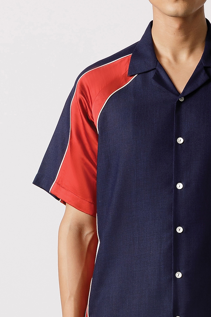 Navy Blue & Red Cotton Party Wear Shirt by Line Outline at Pernia's Pop Up Shop