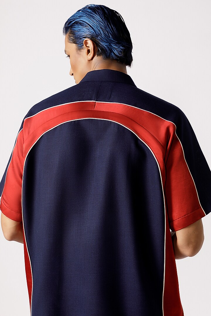 Navy Blue & Red Cotton Party Wear Shirt by Line Outline at Pernia's Pop Up Shop