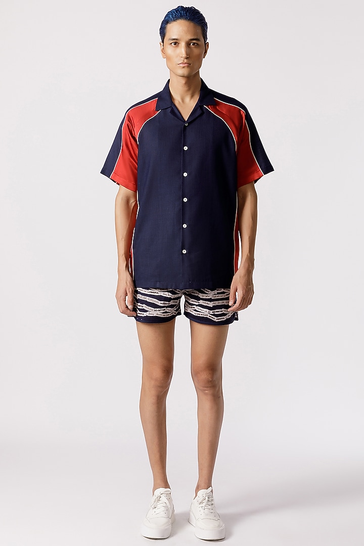 Navy Blue & Red Cotton Party Wear Shirt by Line Outline at Pernia's Pop Up Shop