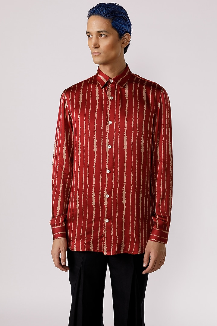 Red Modal Satin & Bamboo Silk Cascade Party Wear Shirt by Line Outline at Pernia's Pop Up Shop