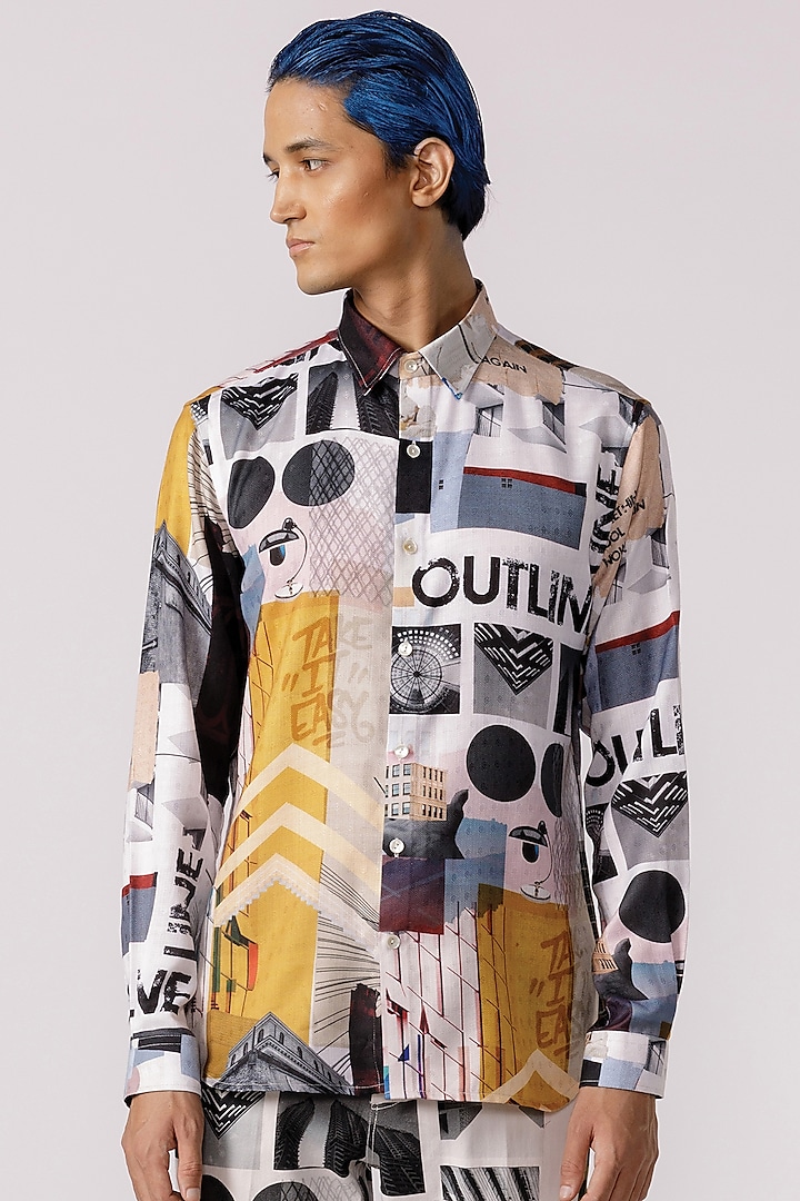 Off-White Cotton Poly Jacquard Printed Shirt by Line Outline