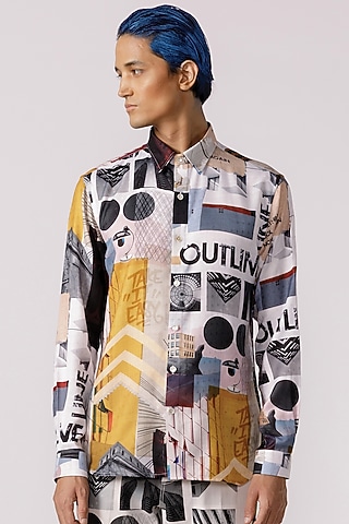 Off-White Cotton Poly Jacquard Printed Shirt by Line Outline