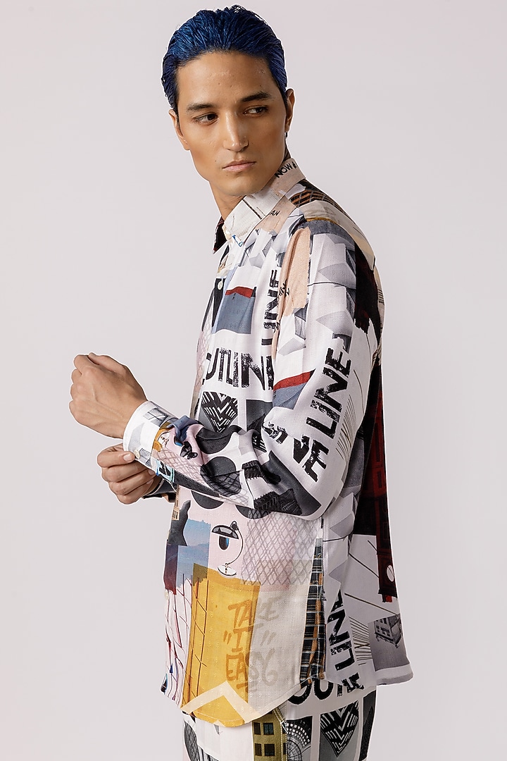 Off-White Cotton Poly Jacquard Printed Party Wear Shirt by Line Outline at Pernia's Pop Up Shop