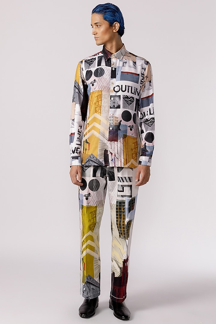 Off-White Cotton Poly Jacquard Printed Party Wear Shirt by Line Outline at Pernia's Pop Up Shop