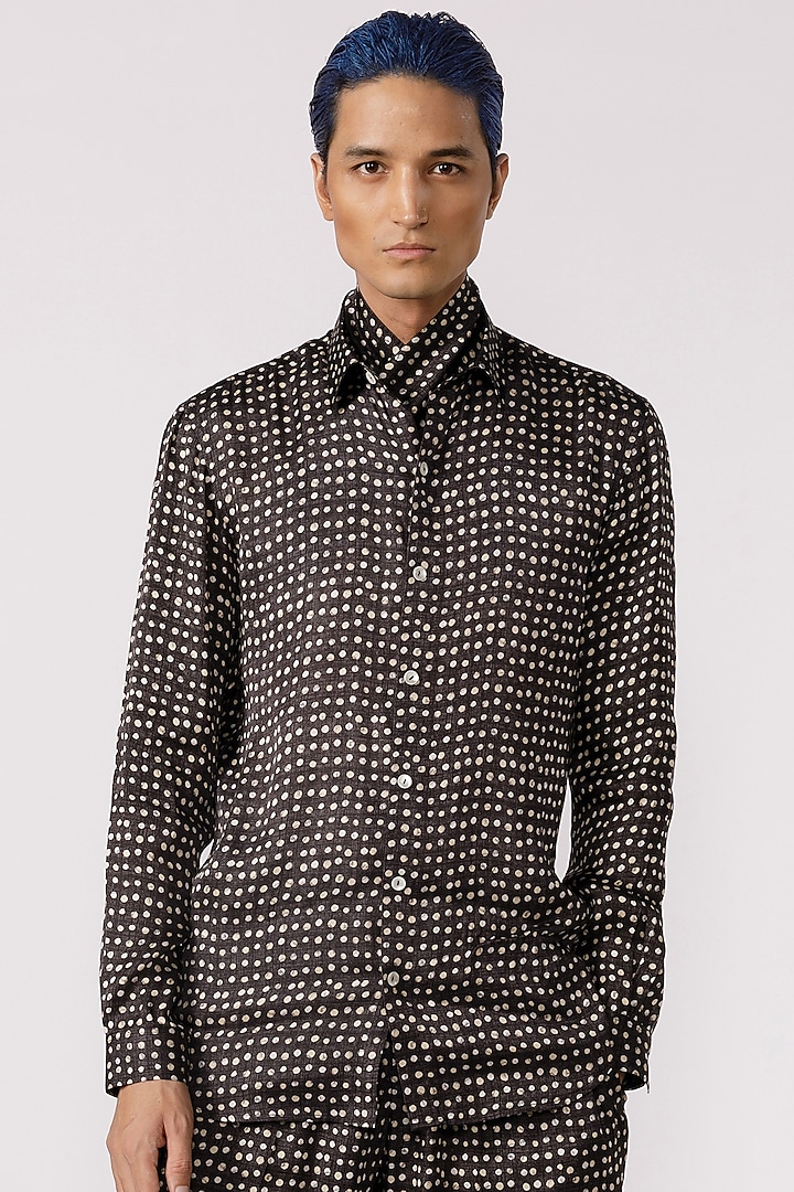 Black Bamboo Silk Polka Printed Shirt by Line Outline