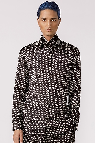 Black Bamboo Silk Polka Printed Shirt by Line Outline