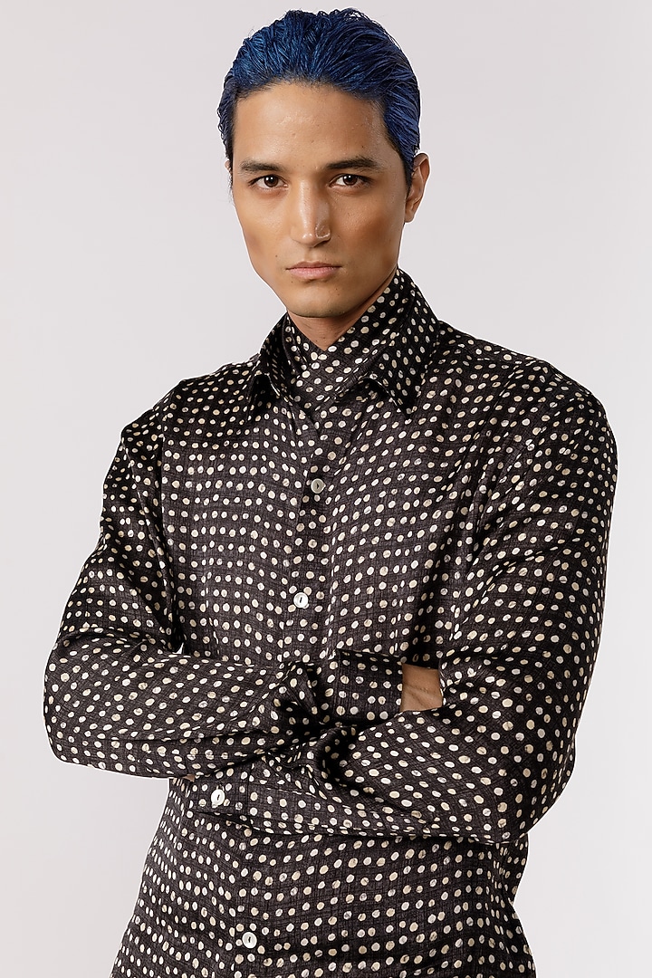 Black Bamboo Silk Polka Printed Party Wear Shirt by Line Outline at Pernia's Pop Up Shop