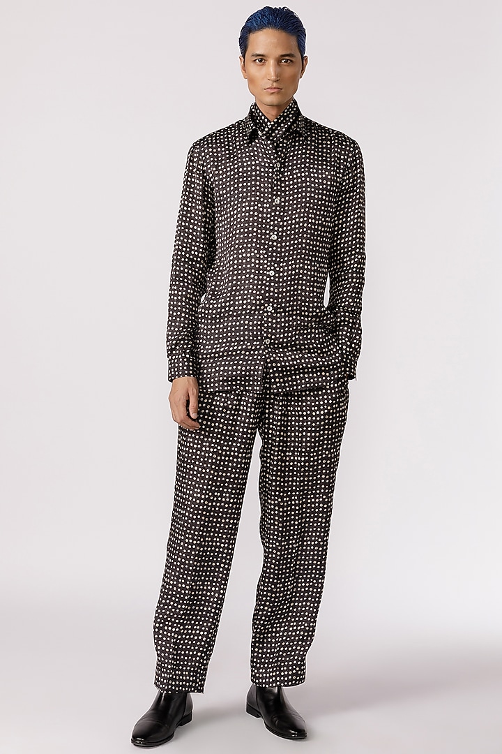 Black Bamboo Silk Polka Printed Party Wear Shirt by Line Outline at Pernia's Pop Up Shop