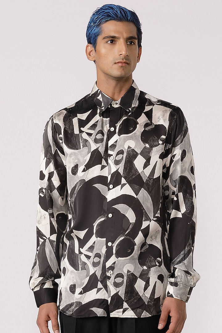 Black & White Bamboo Silk Abstract Printed Party Wear Shirt by Line Outline at Pernia's Pop Up Shop