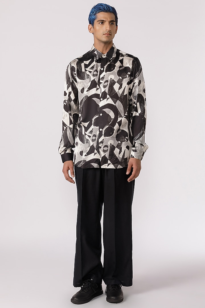Black & White Bamboo Silk Abstract Printed Party Wear Shirt by Line Outline at Pernia's Pop Up Shop