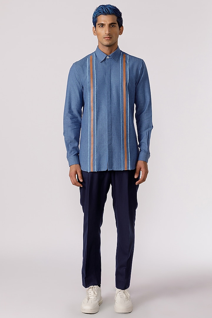 Blue Jacquard Denim Party Wear Shirt by Line Outline at Pernia's Pop Up Shop