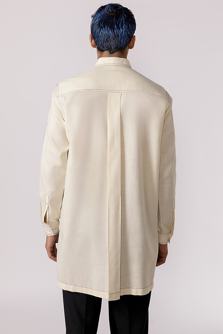Off-White Cotton & Leather Patch Party Wear Shirt by Line Outline at Pernia's Pop Up Shop