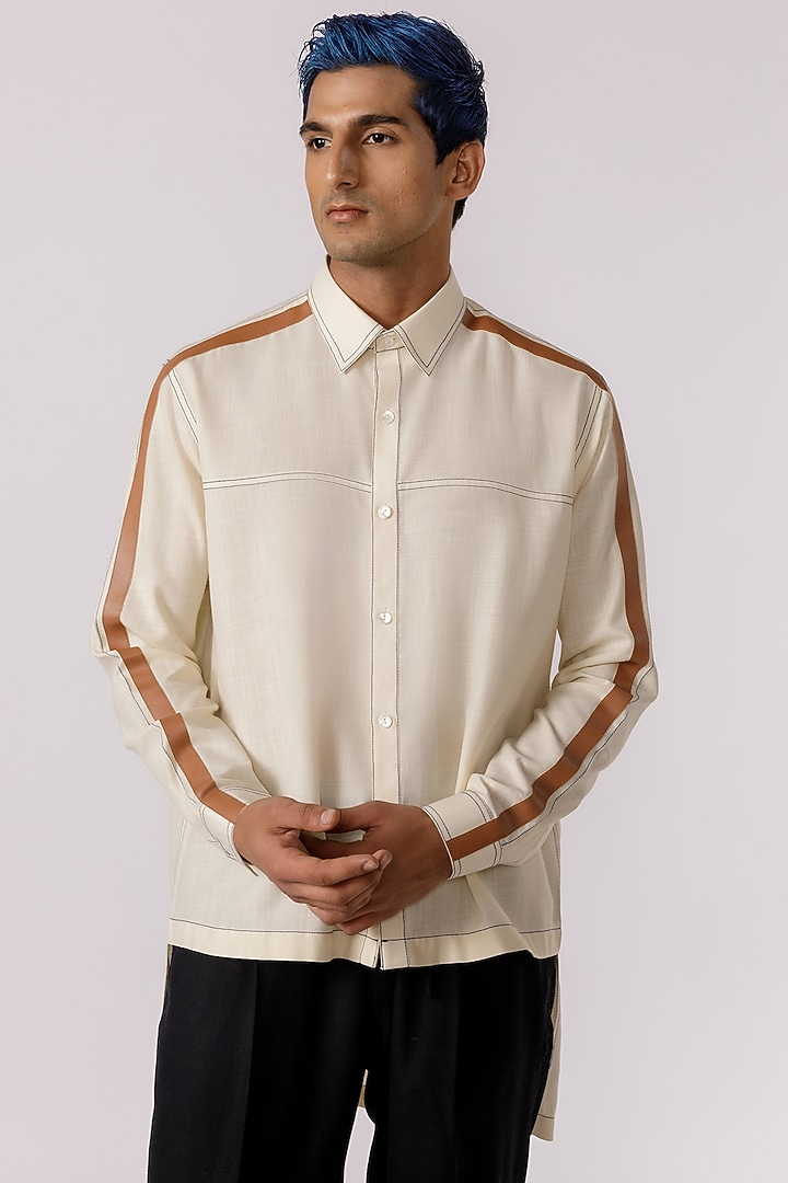 Off-White Cotton & Leather Patch Party Wear Shirt by Line Outline at Pernia's Pop Up Shop